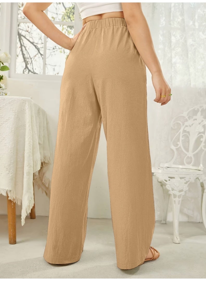 بنطلون نسائي بقصة مستقيمة وخصر عالٍ، مقاس حر - بنطلون أنيق وعصري بخصر مطاطي - Image 2